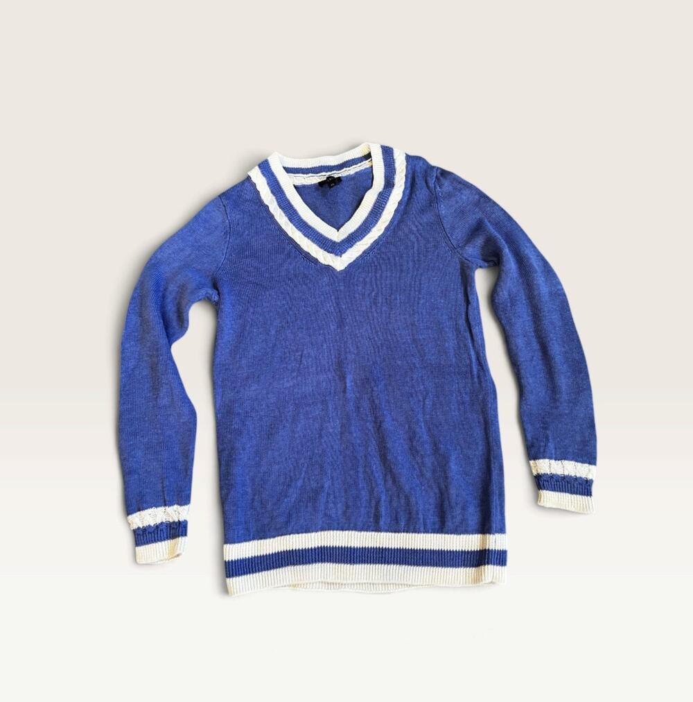 Talbots Women's Blue & White V-Neck Sweater - Size XS